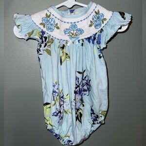 Lil Cactus Blue and Green Floral Smocked Romper